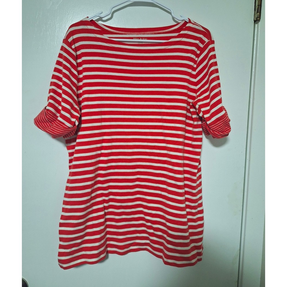 White Stag Top Women's XL 18-20 Red White Striped Short Cuffed Sleeve Boat Neck